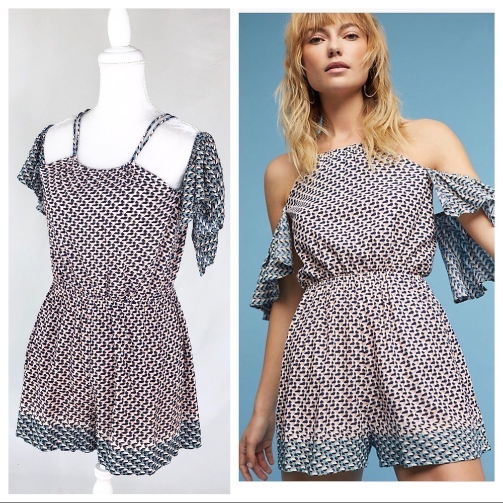 Anthropologie Elevenses shorts romper pink blue off the shoulder flutter medium